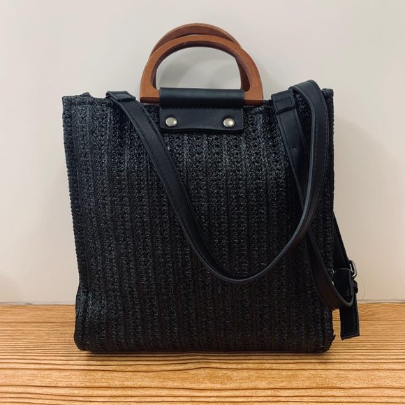 Woven Style Wood Handle Bag With Strap Black - Picture 2 of 9